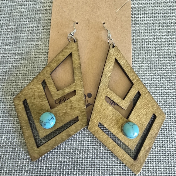 Brown Wood Turquoise Stone Diamond Shaped Dangle Earrings - Picture 1 of 3
